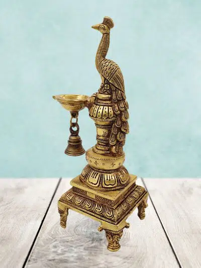 Mohanjodero Brass Peacock Diya/ Peacock Lamp with Bell