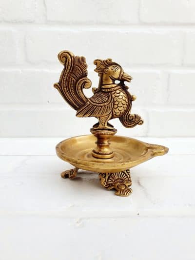MohanJodero Brass Peacock Diya, Peacock Lamp in Antique Golden Finish