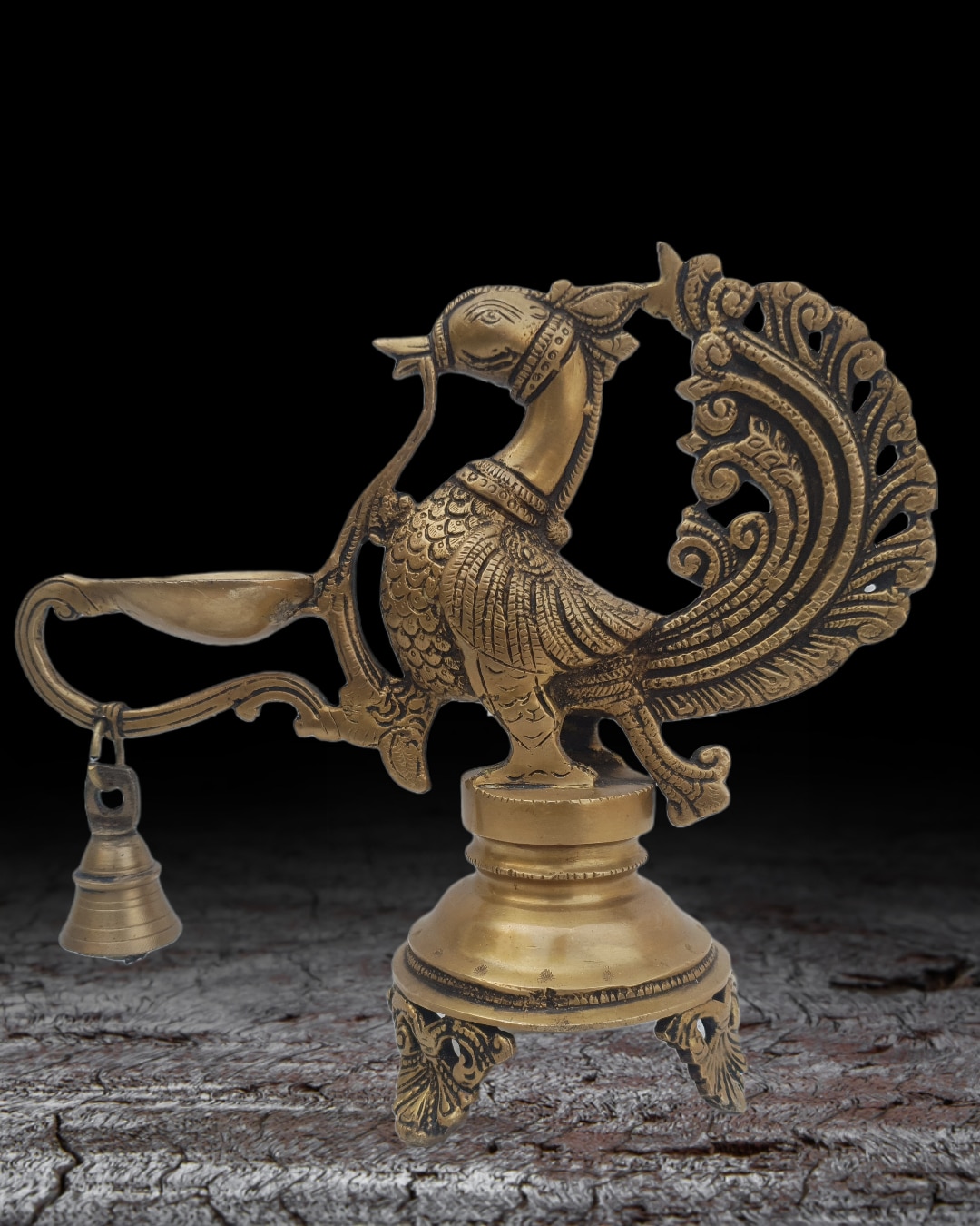 MohanJodero Brass Peacock Diya with Bell in Antique Finish