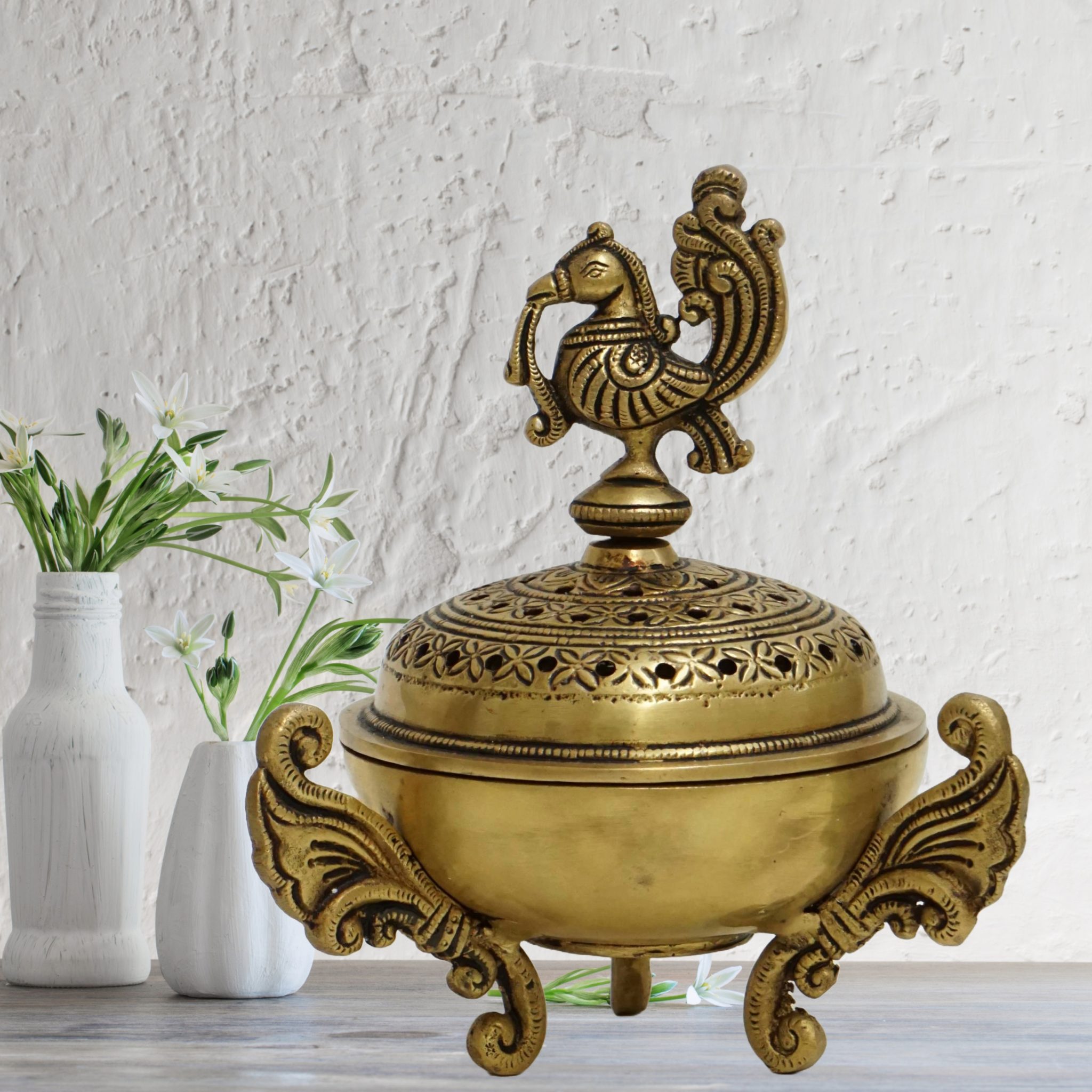 Brass Incense Burner DhoopDani Stand with Peacock